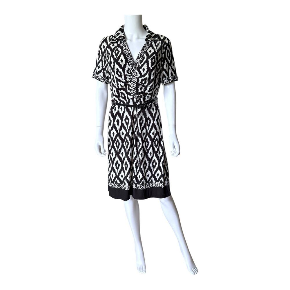 Sandra Darren Shirt Dress Womens 16 Black White Geometric Belted Stretch Collar
